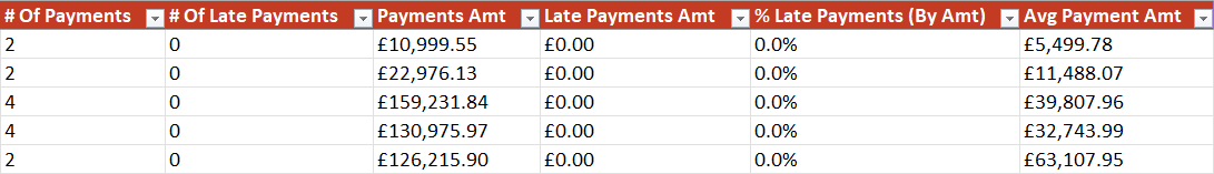 A section of the Supplier Analysis tab from the Excel report that displays the columns related to payments.
